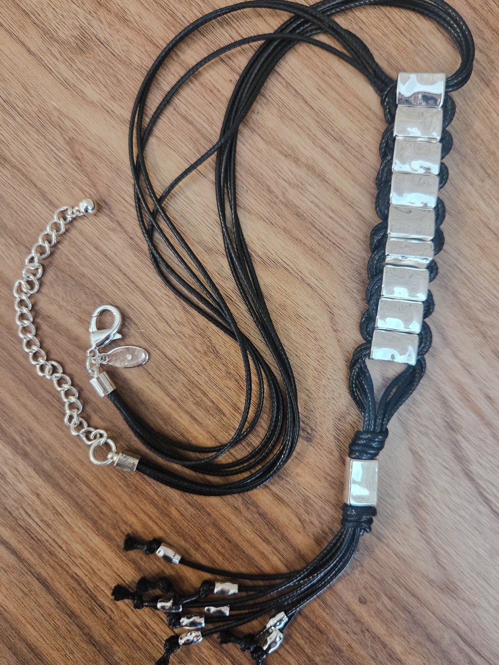 Chico's Black Cord Silver Toned Panel Necklace